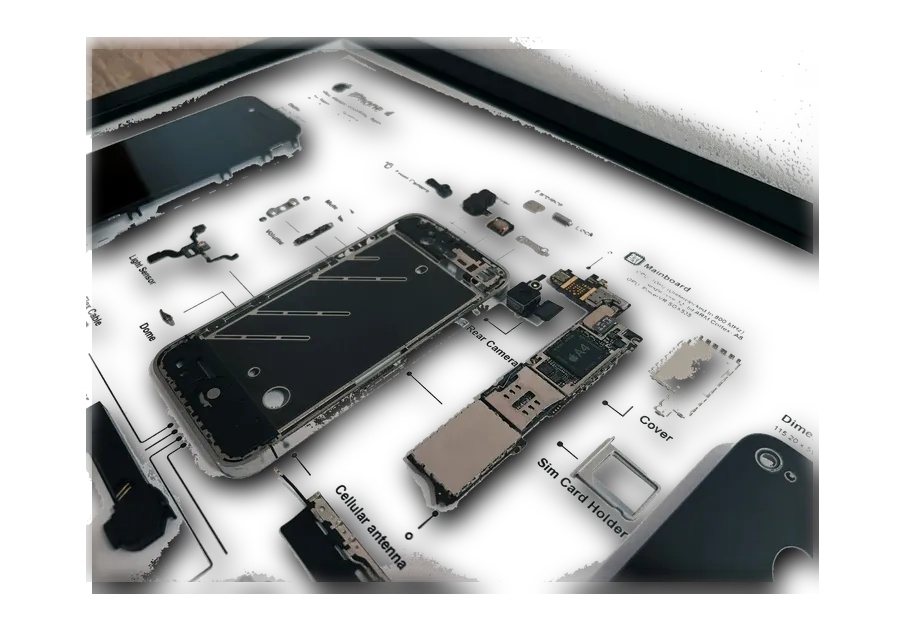 Phone housing and back-glass components laid out for repair